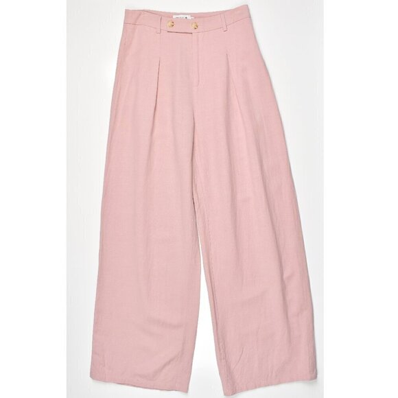 Molly Bracken Pants - Molly Bracken Linen Pleated Wide Leg Trouser Pants Pink - XS